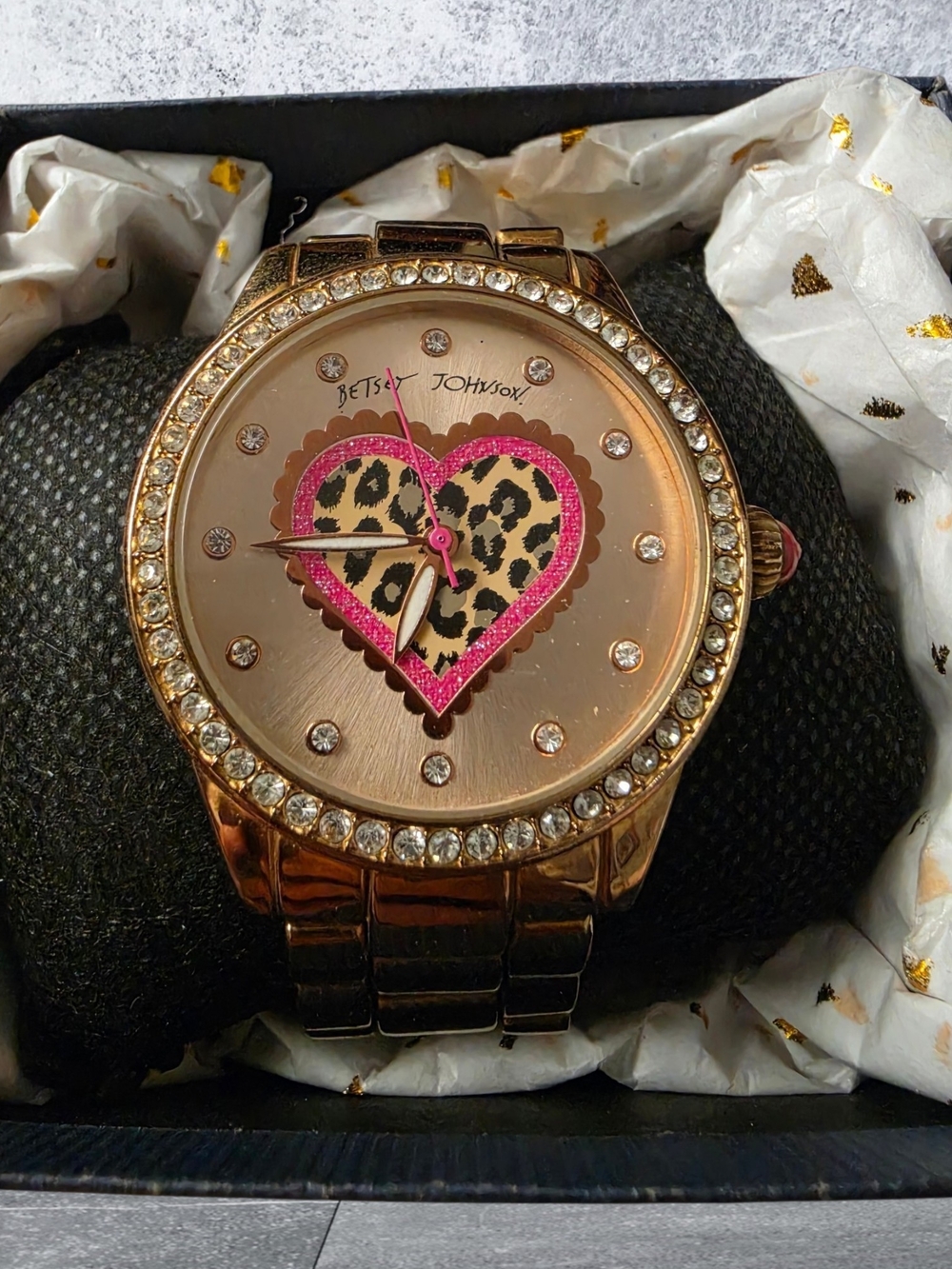 Betsey Johnson Rose Gold Watch with Pink Leopard Heart and Crystal Accents